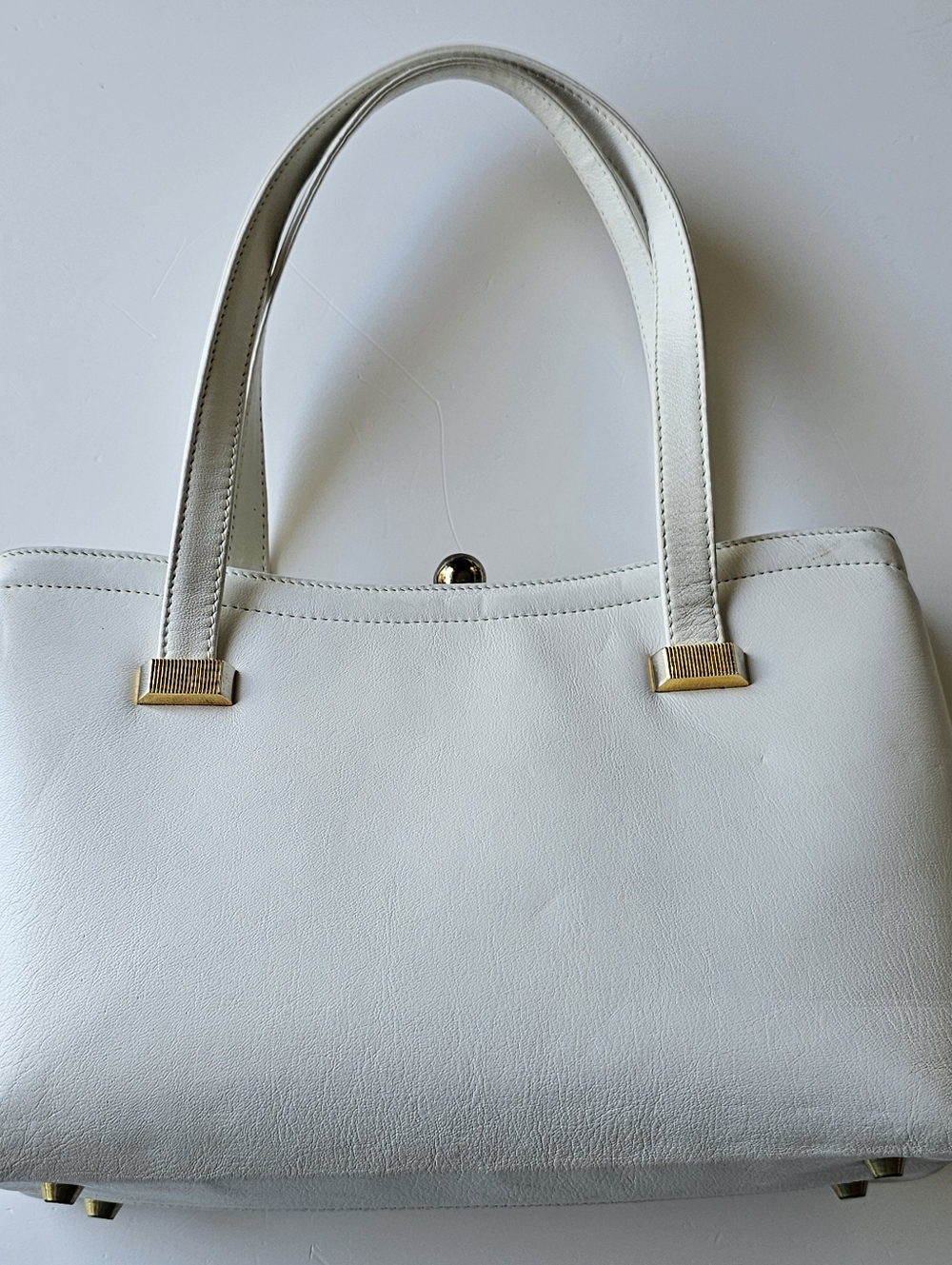 Vintage 1960s Koret White Leather Handbag Structured Top Handle Purse